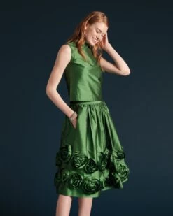 Barbara Skirt Flowers Shantung Green -Clothing Store BARBARA GREEN 01