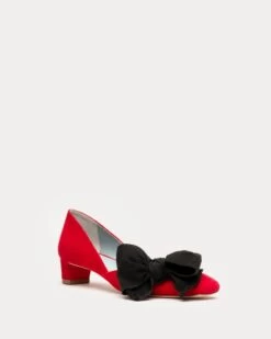 McCall Grace Velvet Bow Mini Block Heel Red -Clothing Store DSCF7820