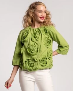 Emily Ruched Flower Top Green 8 Emily Ruched Flower Top Green -Clothing Store EMILY FLOWERS GREEN