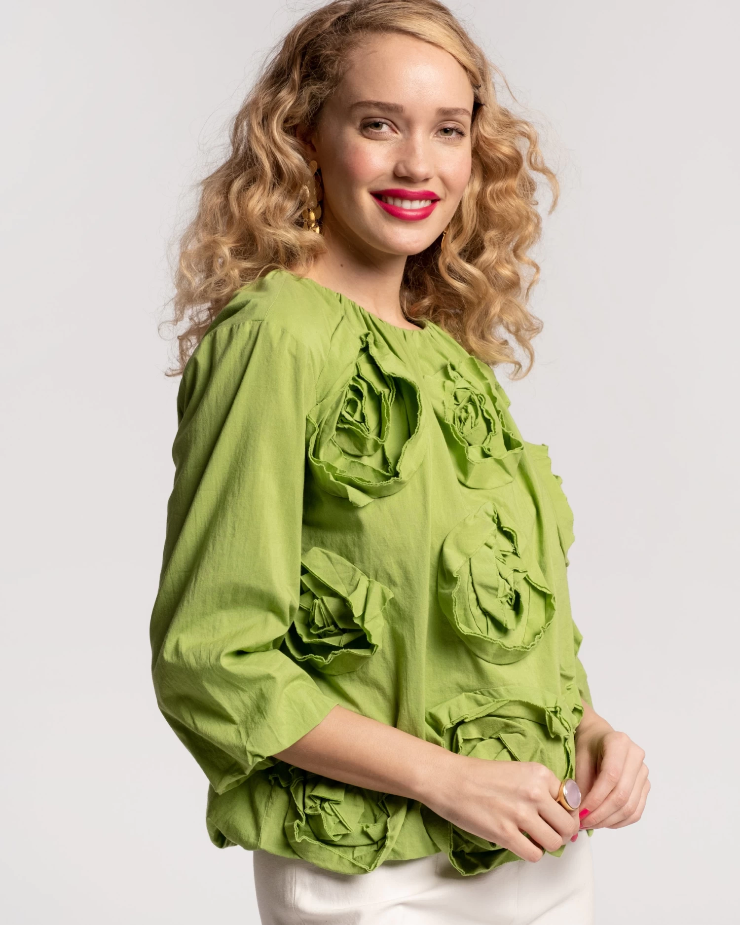 Emily Ruched Flower Top Green 3 Emily Ruched Flower Top Green