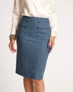 Wool Pencil Skirt Blue