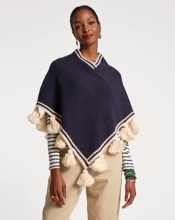 Wool Tassel Poncho Navy