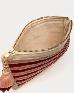 Zip Top Wristlet W/Pom Pom Pink -Clothing Store RED PINK CANVAS CLUTCH 01