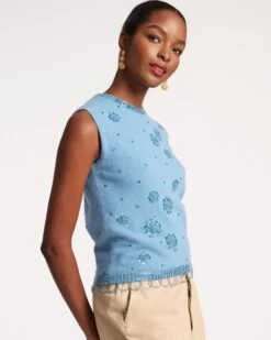 Star Embroidered Knit Shell Light Blue -Clothing Store SEQUIN SHELL BLUE 04