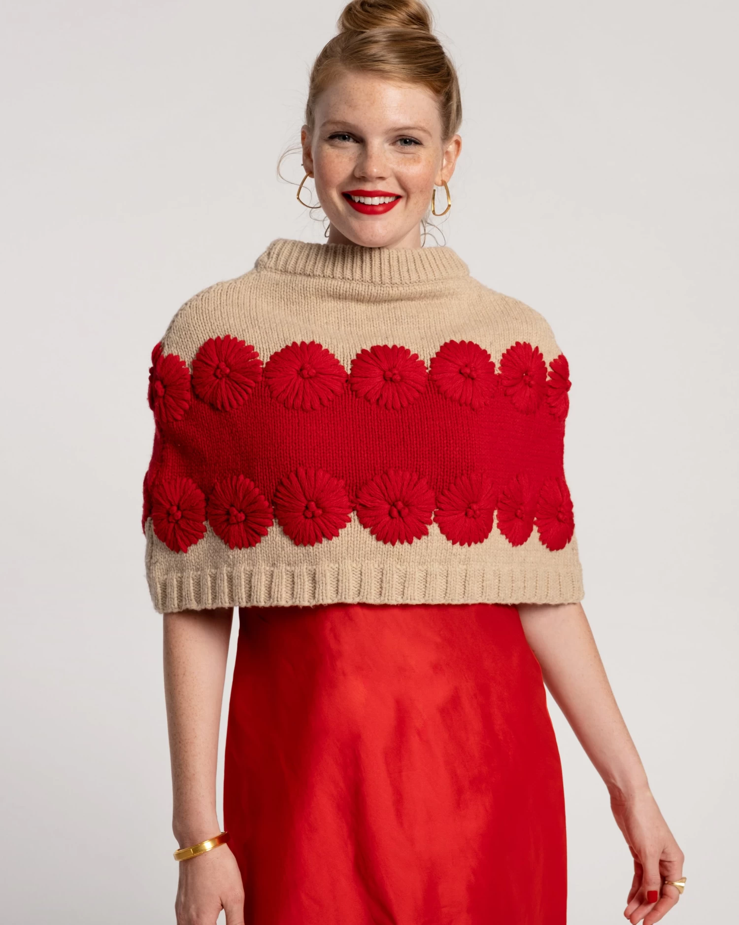 Emma Embroidered Flower Wool Shrug Oyster Red 6 Emma Embroidered Flower Wool Shrug Oyster Red - Image 4