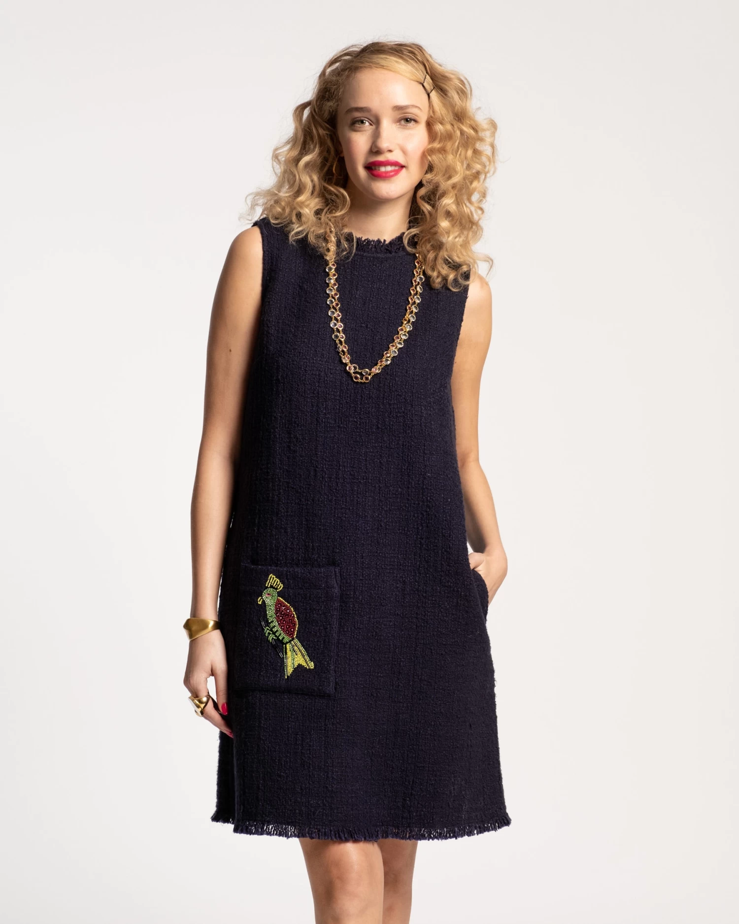 Twiggy Fringe Dress Cotton Boucle Navy 3 Twiggy Fringe Dress Cotton Boucle Navy