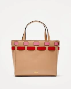 Henry Basketweave Tote Tan Pink Red