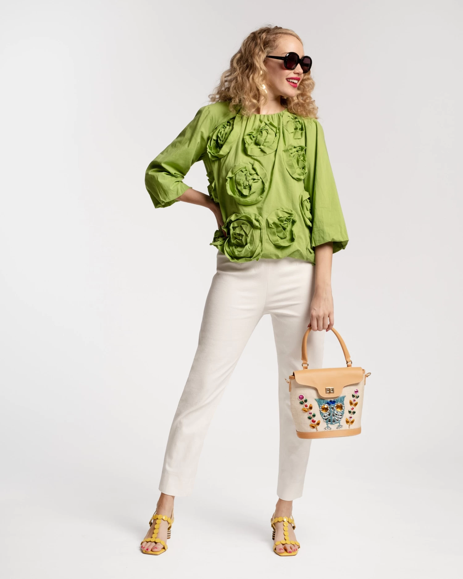 Emily Ruched Flower Top Green 4 Emily Ruched Flower Top Green - Image 2