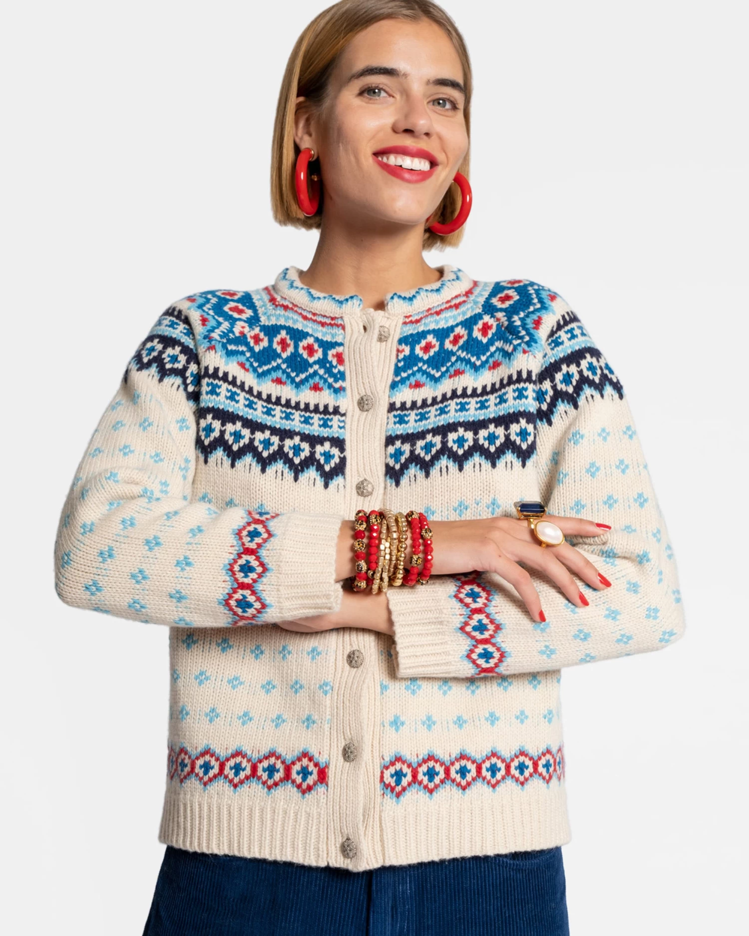 Fair Isle Cardigan Sweater White 4 Fair Isle Cardigan Sweater White - Image 2