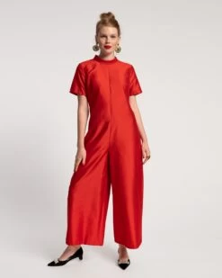 Audrey Flower Jumpsuit Shantung Red -Clothing Store jumpsuit red 05