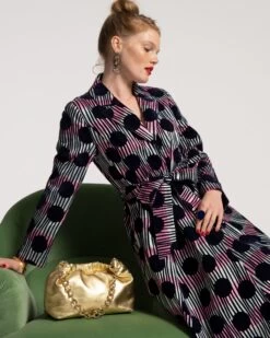 Lucille Wrap Dress Scoop Flocked Velvet Navy Multi -Clothing Store lucille polkadot 05