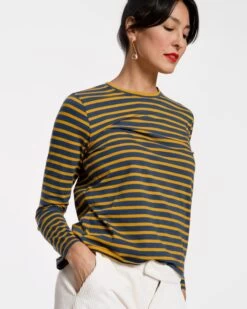 Long Sleeve Striped Shirt Navy Mustard -Clothing Store stripe blueyellow 03