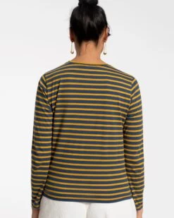 Long Sleeve Striped Shirt Navy Mustard -Clothing Store stripe blueyellow 04
